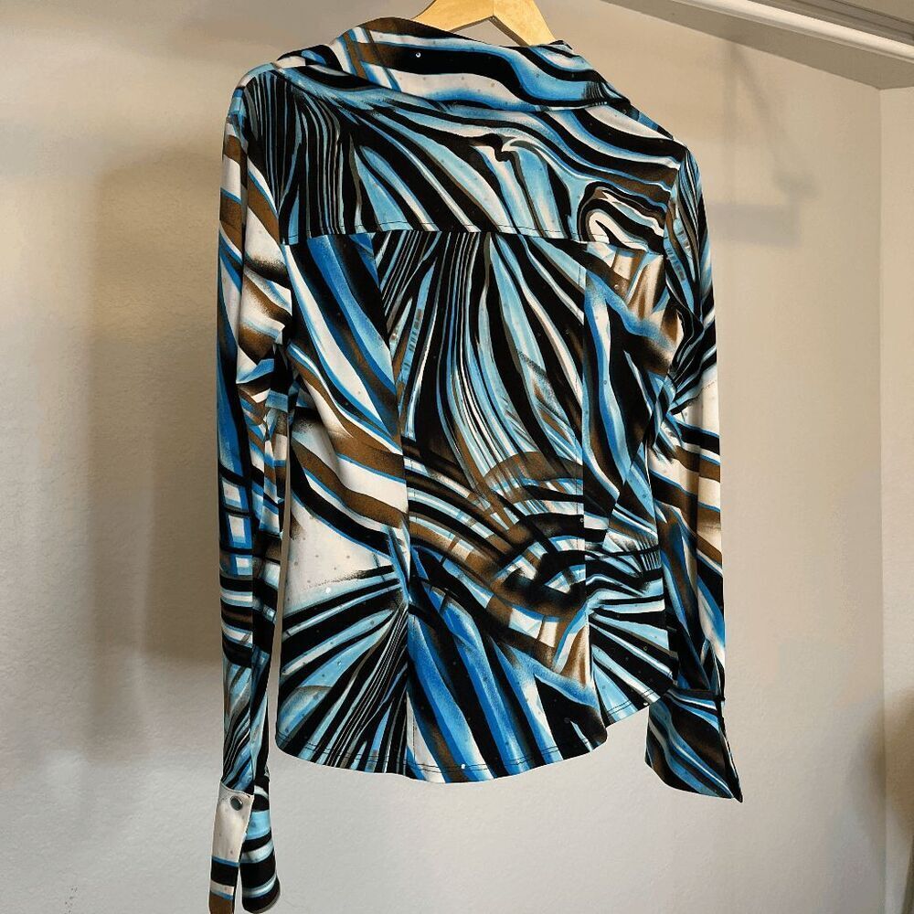 Y2k Vintage Cache Brown and‎ Blue Print Button Down Blouse - Picture 4 of 8